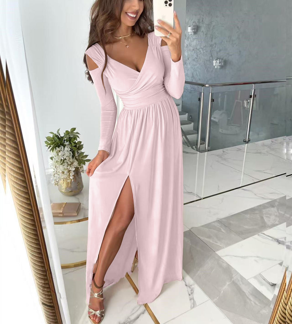 new arrivals for independent stores, , and : women's long-sleeved v-neck solid color dress with slit hem - autumn/winter collection