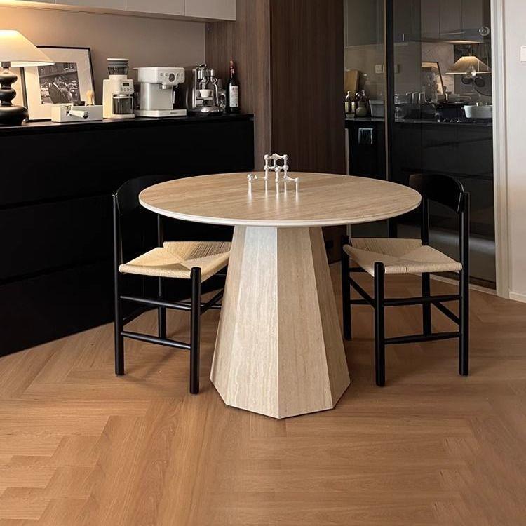 Nordic roman round table with travertine rock slab top, dining set for small spaces, retro high-end minimalist round dining table