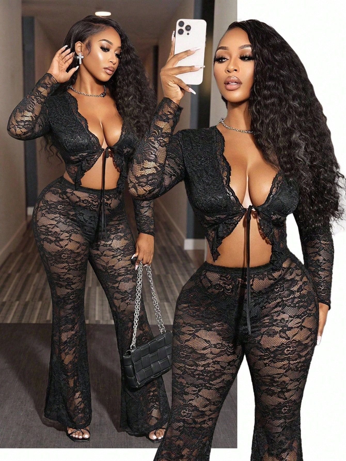 European and American new  women's clothing sexy Spice Girls lace-up cardigan top hollow perspective lace trousers set