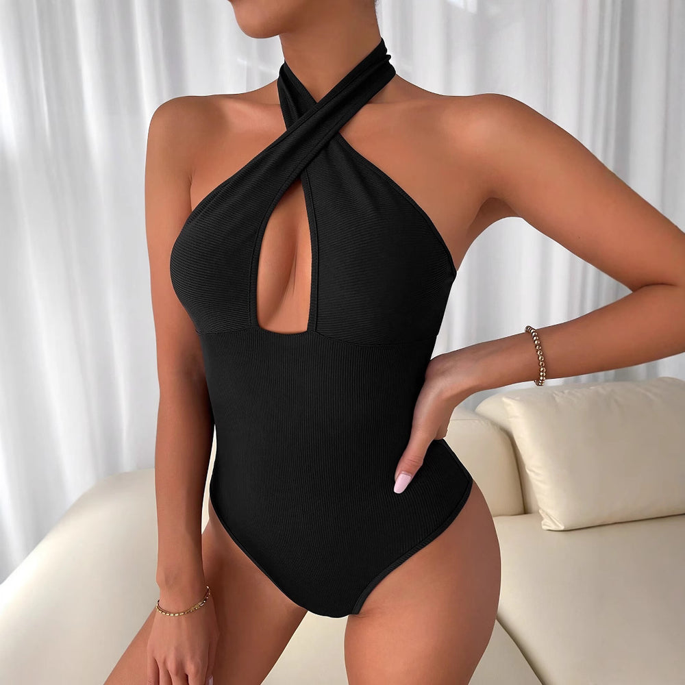 Amazon cross-border hot seller: new  spring/summer solid color sexy backless criss-cross cutout halter bodysuit