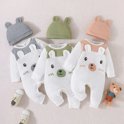 cross-border casual baby spring/autumn long-sleeve romper + hat - adorable baby bear onesie crawling suit for toddlers