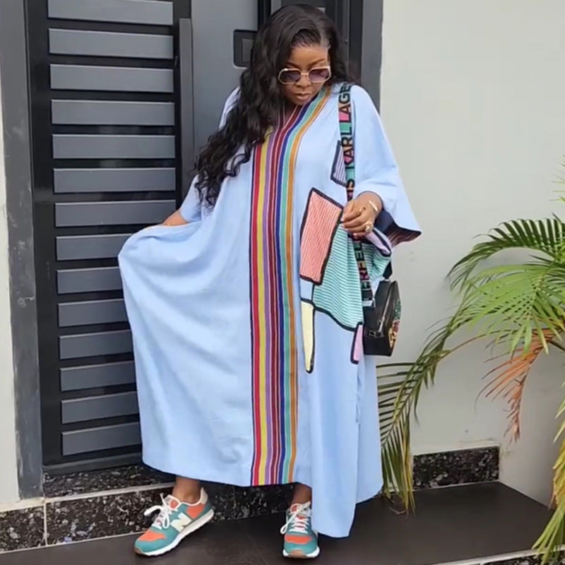 European and american cross-border african women's clothing  spring new arrival: elegant plus size printed loose v-neck robe dress