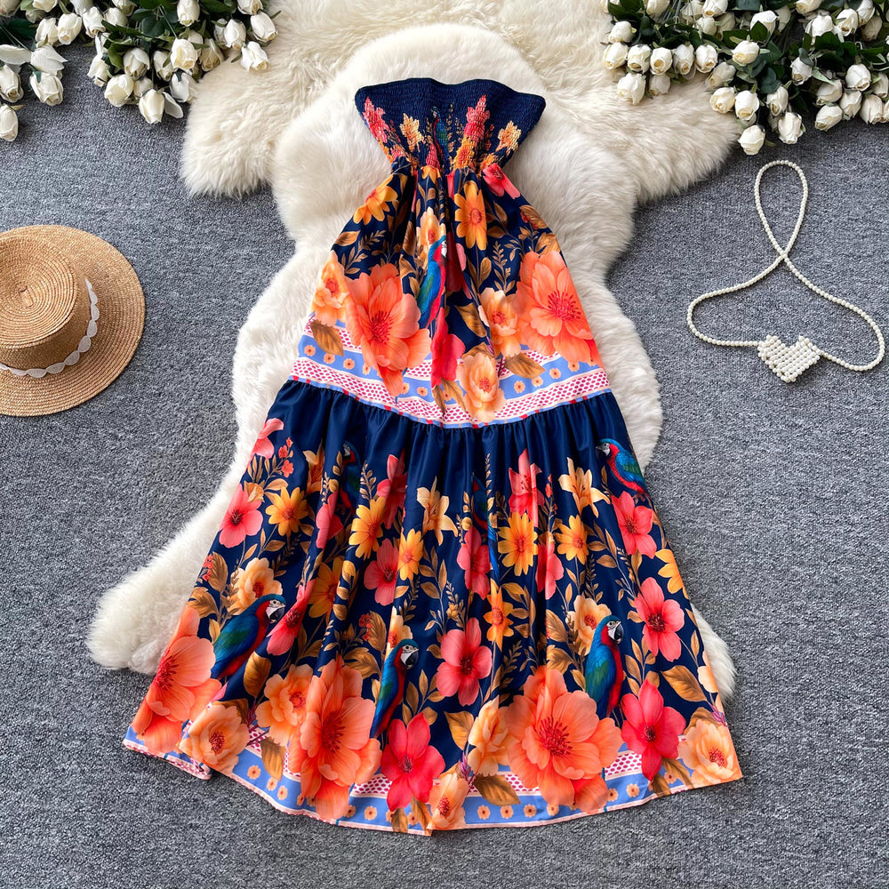 Vacation style halter large printingdress women's summer pure lust style high waistruffles cake skirt french long skirt