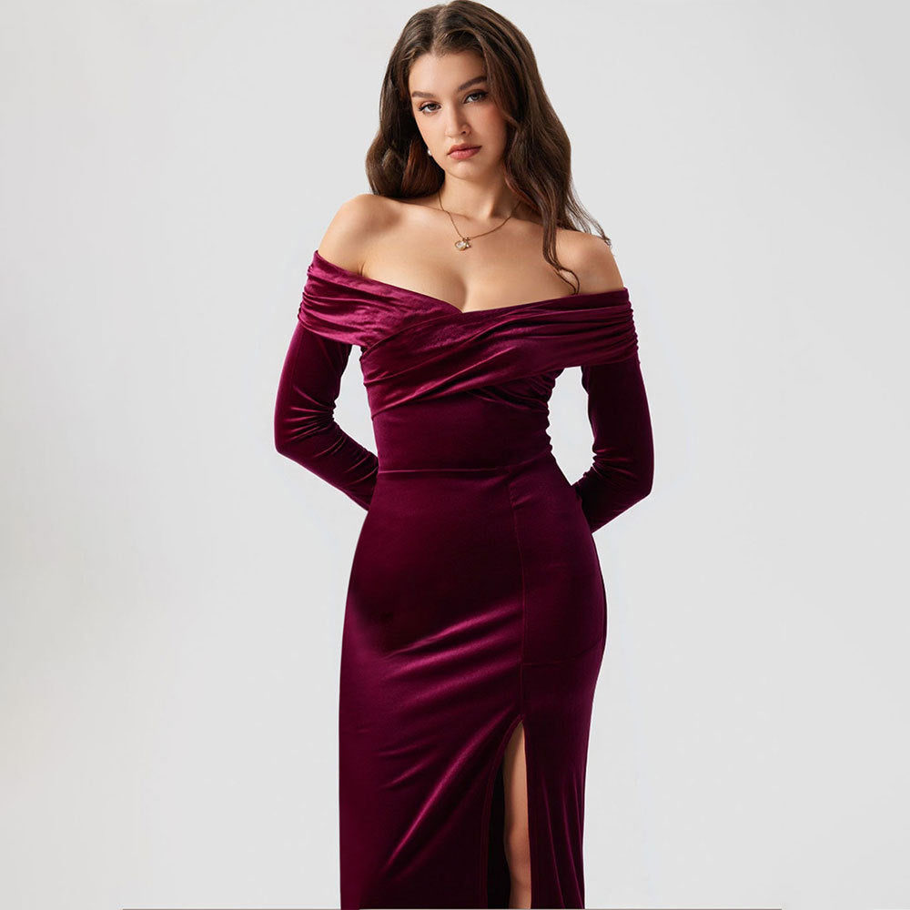 Fashion cross-border gold velvet silm hip-hugging dress women's new arrival cross v neck one-line collar off-shoulder slit long skirt