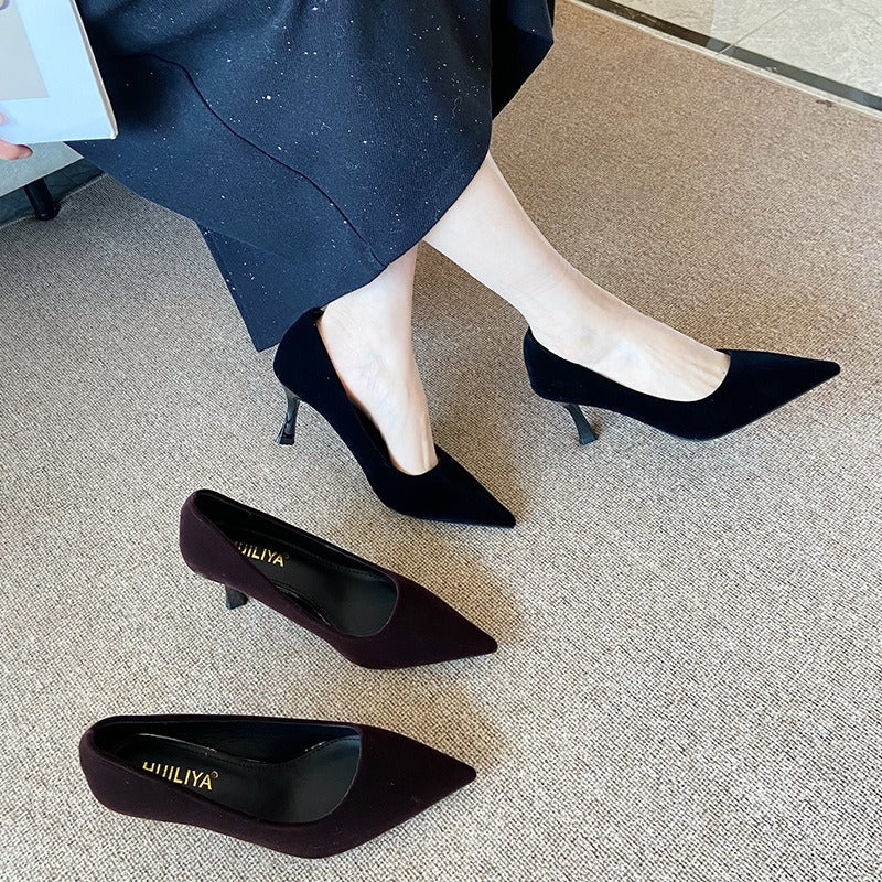 Black suede pointed-toe stiletto heels - versatile dress shoes for women, perfect for work or everyday wear, 2025 collection