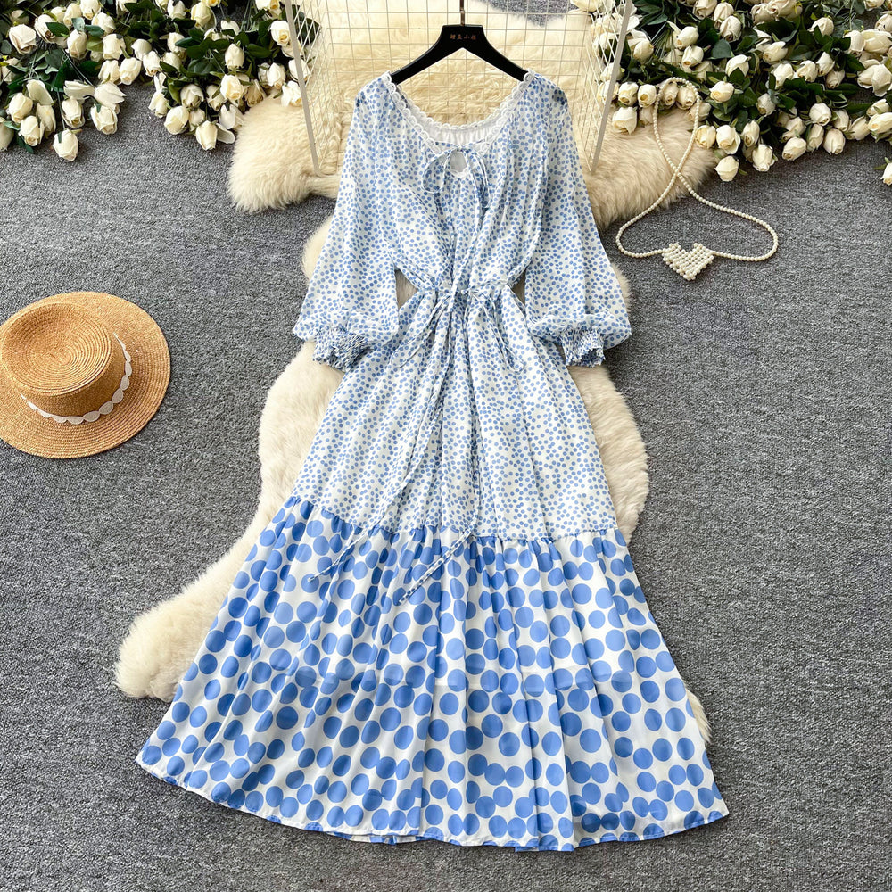 K-styleretro polka dot floral dress women's springlong sleevesv neck waist a-line skirtelegantslimming lookwork clothing skirt