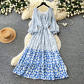 K-styleretro polka dot floral dress women's springlong sleevesv neck waist a-line skirtelegantslimming lookwork clothing skirt