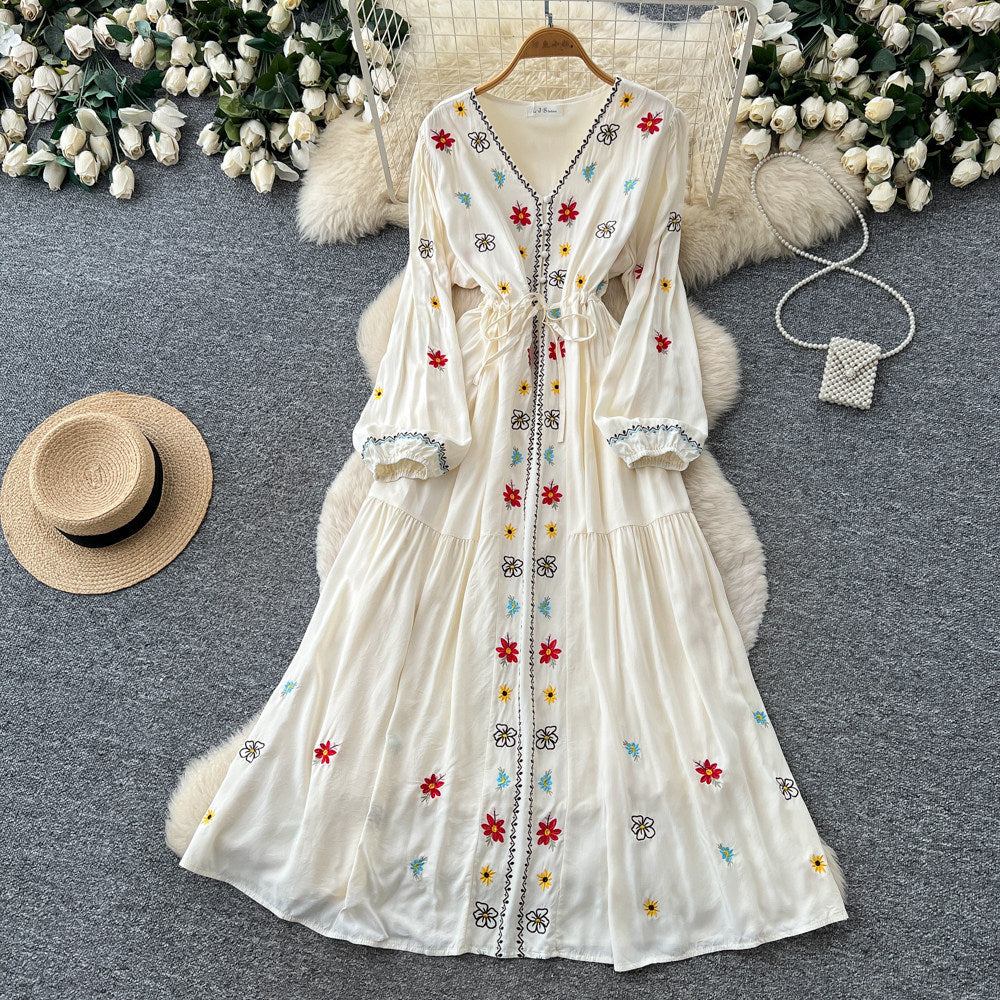 Ethnic embroidered tie-waist dress - women's summer long sleeve v-neck a-line maxi dress - elegant & chic