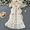 Ethnic embroidered tie-waist dress - women's summer long sleeve v-neck a-line maxi dress - elegant & chic