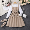 Girls' dress (sizes for mid-to-large children), double-breasted, cinched waist, faux two-piece, long sleeve dress