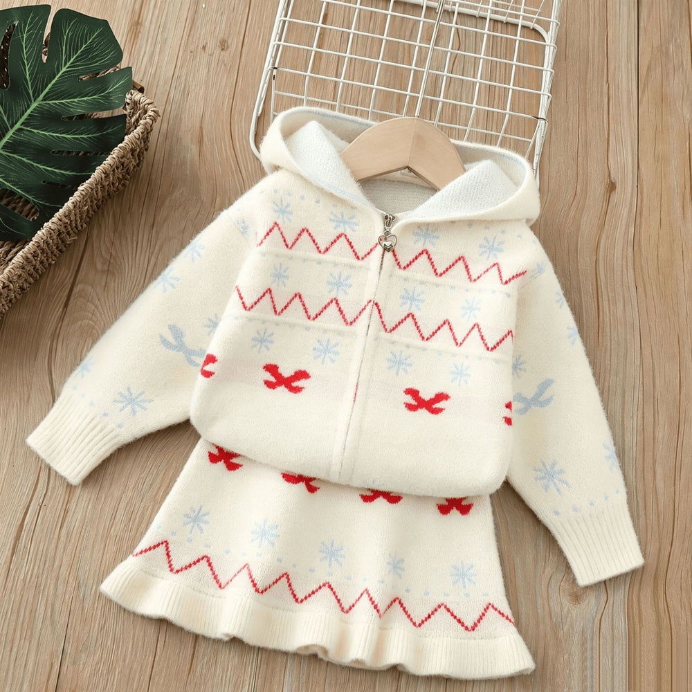 Girls' knitted outfit set -  christmas style hooded knit long sleeve zip-up cardigan jacket and skirt two-piece set