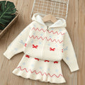 Girls' knitted outfit set -  christmas style hooded knit long sleeve zip-up cardigan jacket and skirt two-piece set
