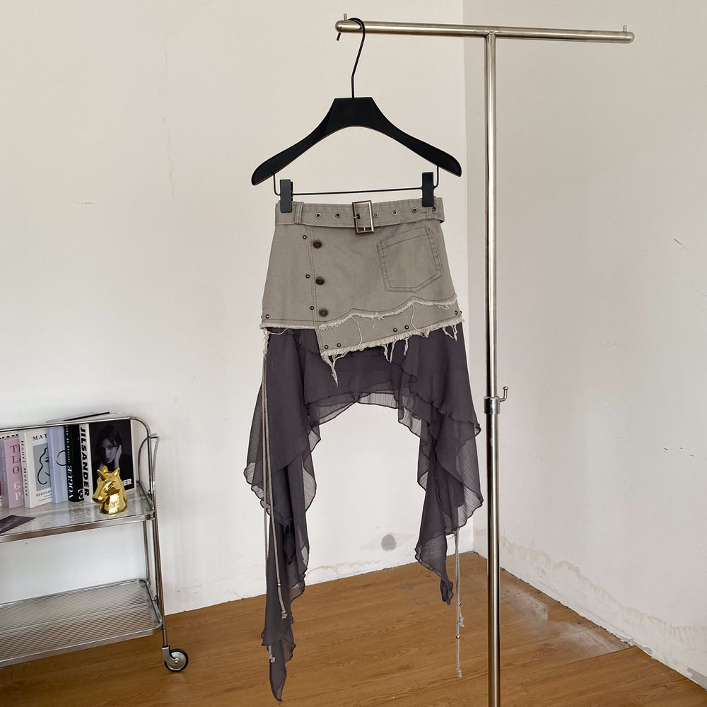 Retropatchworkasymmetrical a-line ribbon skirt for women summerk-stylehigh waistslimming looksexy style holiday short skirt