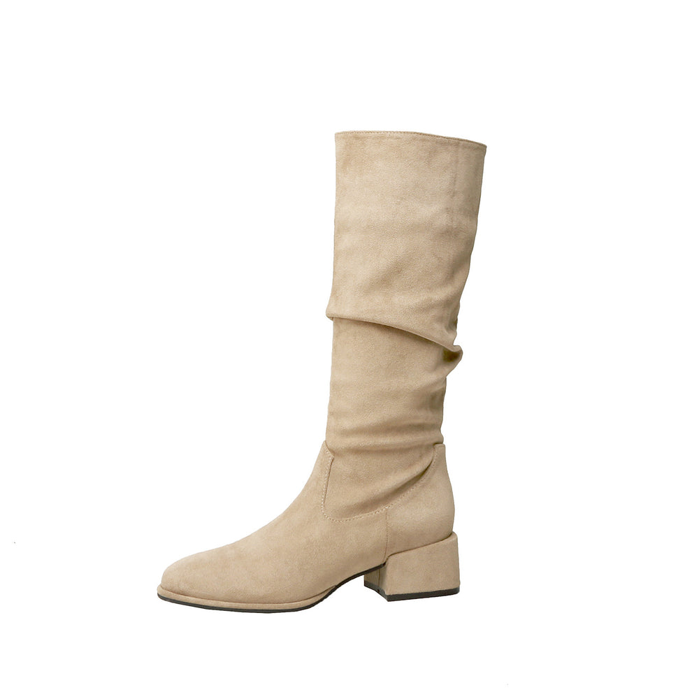Knight boots for women 2025 new round toe thick heel western boots high boots retroslimming look pleated pile european and american