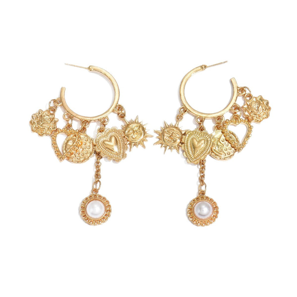 Wholesale big hoop earrings - european & american style, alloy sun & heart charms, light luxury, high-end pearl tassel earrings