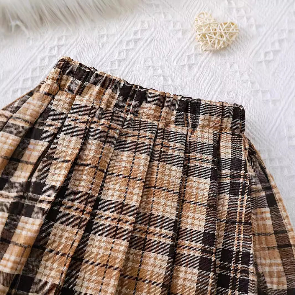 Girls' fall/winter baseball jacket & pleated plaid skirt set - cute bear embroidery, two-piece outfit for kids