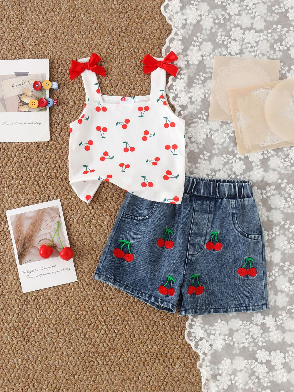 Kids clothing  cross-border new arrivalfashion spring & fallgirl cherry pattern white vest shorts
