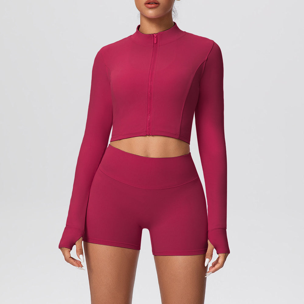 Ready-to-ship cross-border solid color double-sided brushed naked feel cropped jacket set - tight-fitting running, fitness, and yoga two-piece outfit