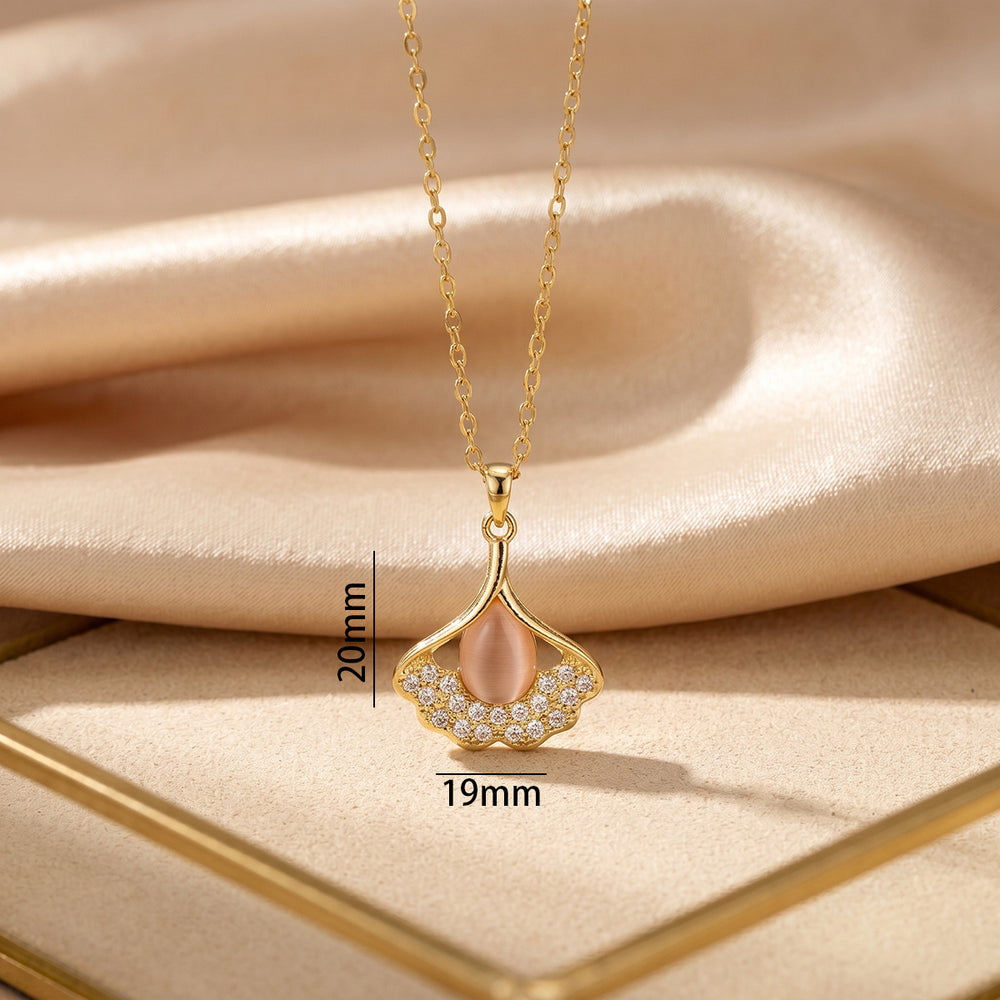 Popular internet celebrity smart cat's eye stone ginkgo leaf diamond necklace accessible luxury niche women's fashion titanium steel clavicle chain jewelry
