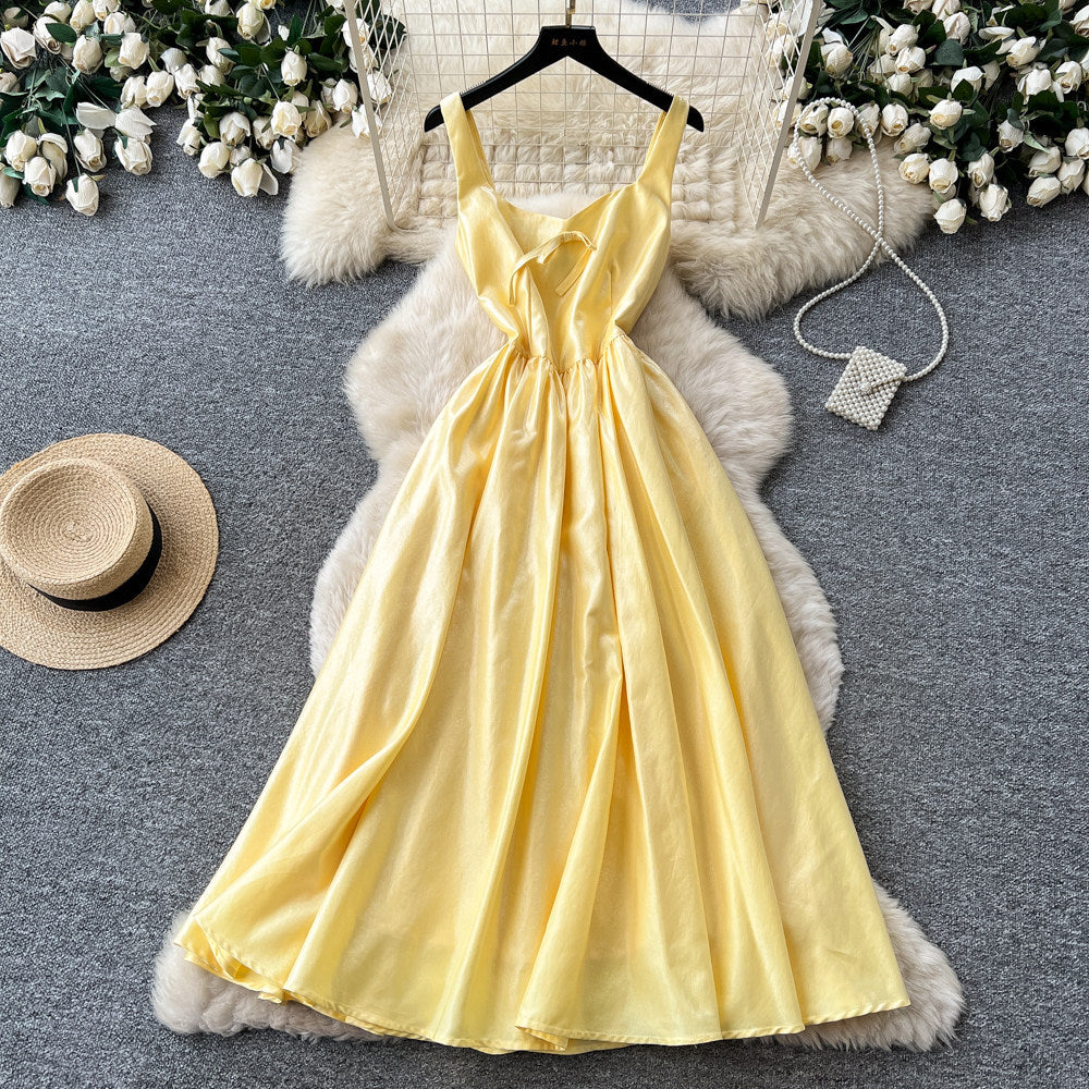 fashionexport suspender dress for women summer waist-cinching casual long skirt pure color suspender banquet dress
