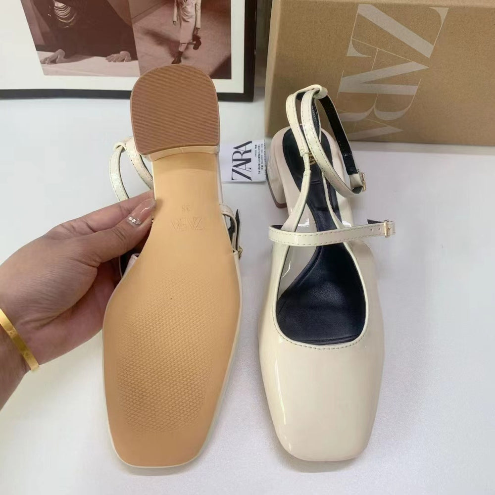 Za spring new 2024 fashion square toe mary jane single strap buckle back strap open heel chunky heel sandals for women