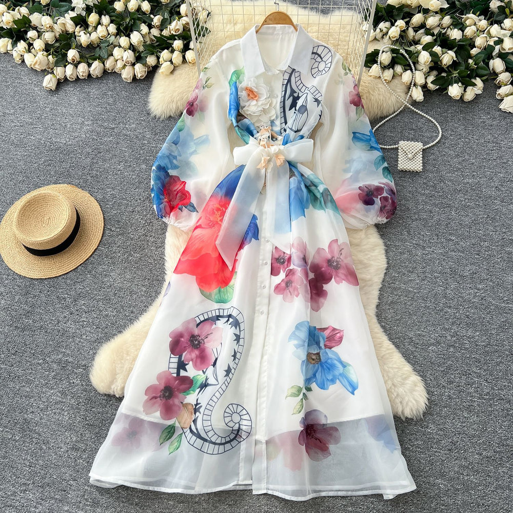 Vintage court style printed bubble sleeve dress - women's autumn tie-waist unique beautiful ethereal maxi dress