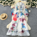 Vintage court style printed bubble sleeve dress - women's autumn tie-waist unique beautiful ethereal maxi dress