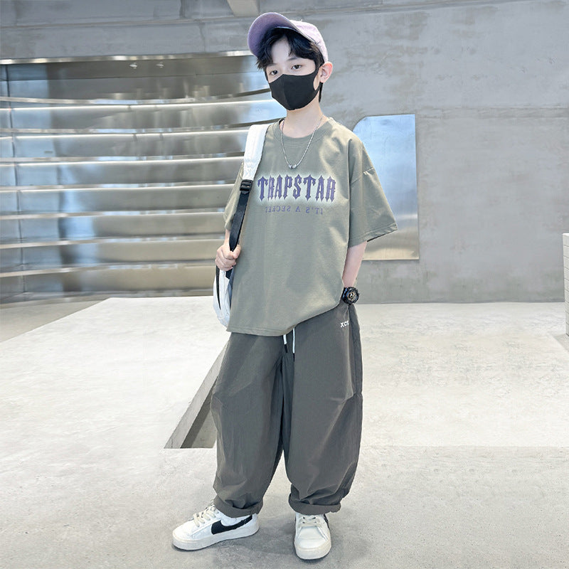 Boys' short-sleeve and pants set - summer lightweight style,  new collection, mid-to-large size children's activewear, trendy summer outfit, stylish and cool