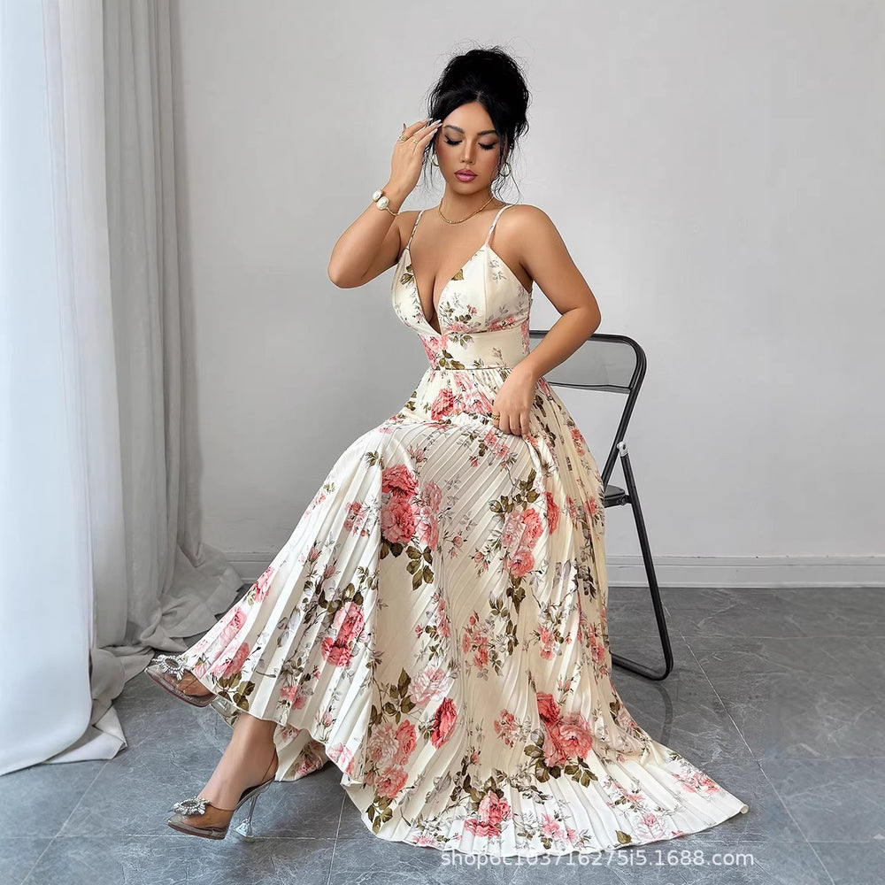 european and american women's clothing:  summer new arrivals -  cross-border floral print dress, elegant vacation style