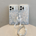 Premium feather yarn iphone 16 pro silver butterfly phone case, apple 12 hard case, 14 chain protective cover