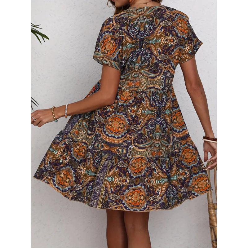 Shipped: new european and american cross-border women's printed casual v-neck dress - floral print, perfect for vacation, ideal for independent e-commerce stores
