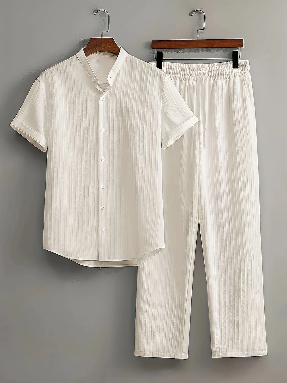 fashionmensuitcasualpure color short-sleeved shirt multi-color beach slub wrinkled short-sleeved pants two-piece set