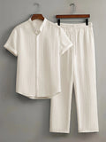 fashionmensuitcasualpure color short-sleeved shirt multi-color beach slub wrinkled short-sleeved pants two-piece set