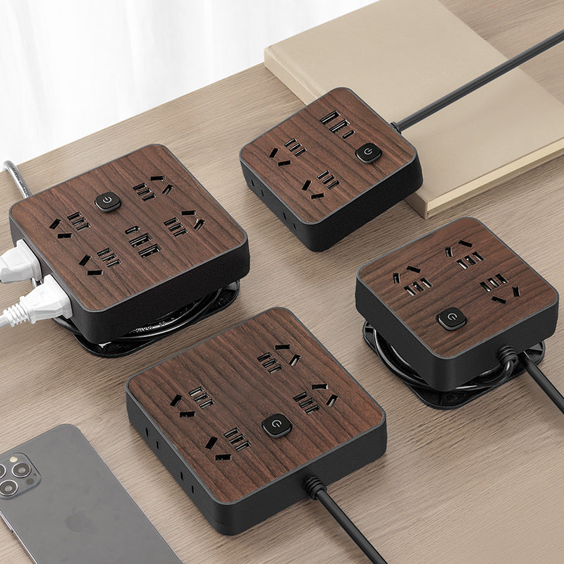 Double shell wood grain socket panel desktop multi-functional for homeusb charging socket with cable plug inspection and drag socket board