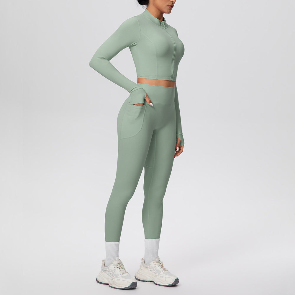 Cropped zip-up yoga set: high-waisted, butt-lifting leggings with pockets - perfect for running, fitness, and casual wear