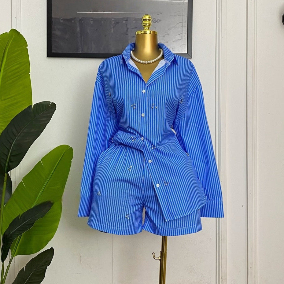 European and american cross-border women's fashion:  summer new collection - stylish and elegant striped, rhinestone-embellished long-sleeve shirt and wide-leg shorts set