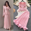 French chic v-neck lace top & high-waisted pleated skirt two-piece set - autumn's elegant & luxurious choice