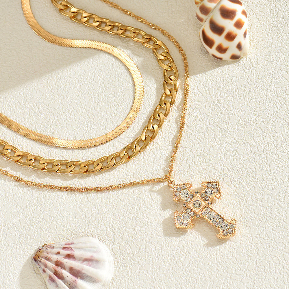 Wholesale gold cross necklace - cross-border hot seller, multi-layered stackable diamond-studded jewelry, women's creative minimalist alloy necklace