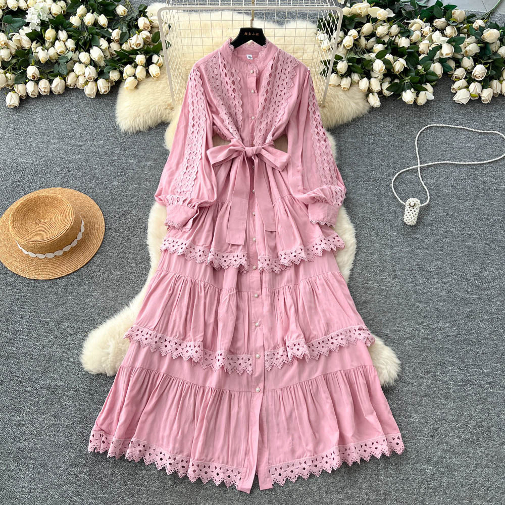 Frenchclassyretrolacepatchwork lantern sleeve dress women's autum strap waist slimming lookelegance long dress