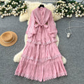 Frenchclassyretrolacepatchwork lantern sleeve dress women's autum strap waist slimming lookelegance long dress