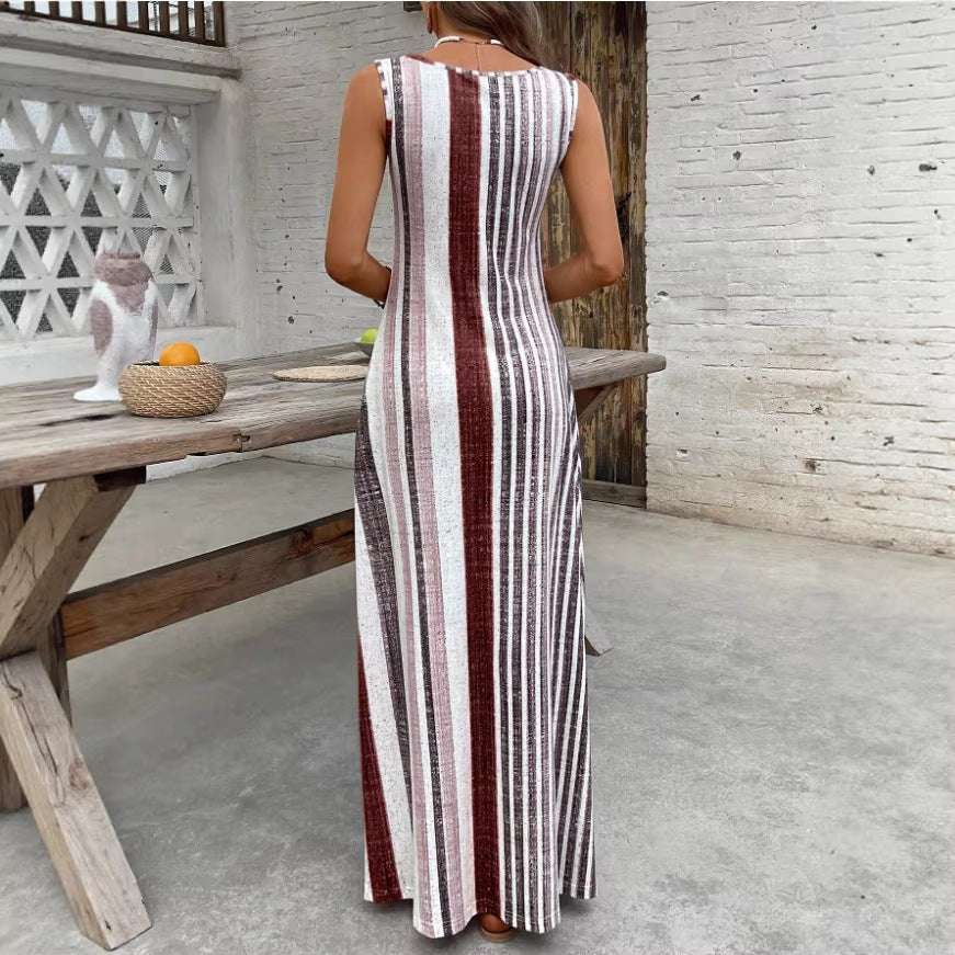Hot-selling european and american independent store: premium, high-quality, long-sleeved, summer vacation-style white striped dress for women