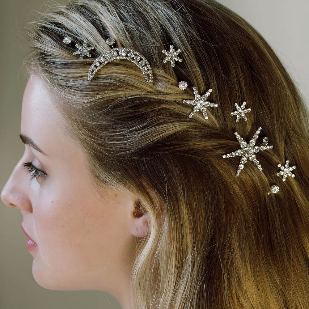 Wholesale alloy electroplated snap hair clips - european & american style cross-border jewelry, moon headwear, unique snowflake layered hair clip set for women