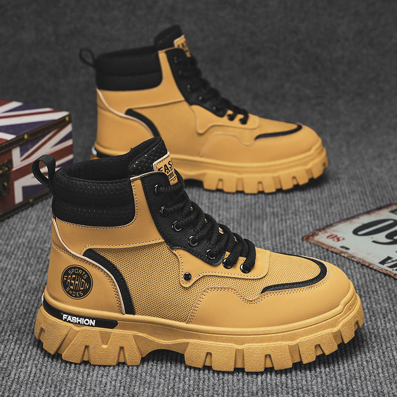 Men's martin boots: breathable, high-top, british-inspired retro work boots for autumn. ideal for outdoor hiking, desert exploration, and tactical operations. also known as "big yellow boots."