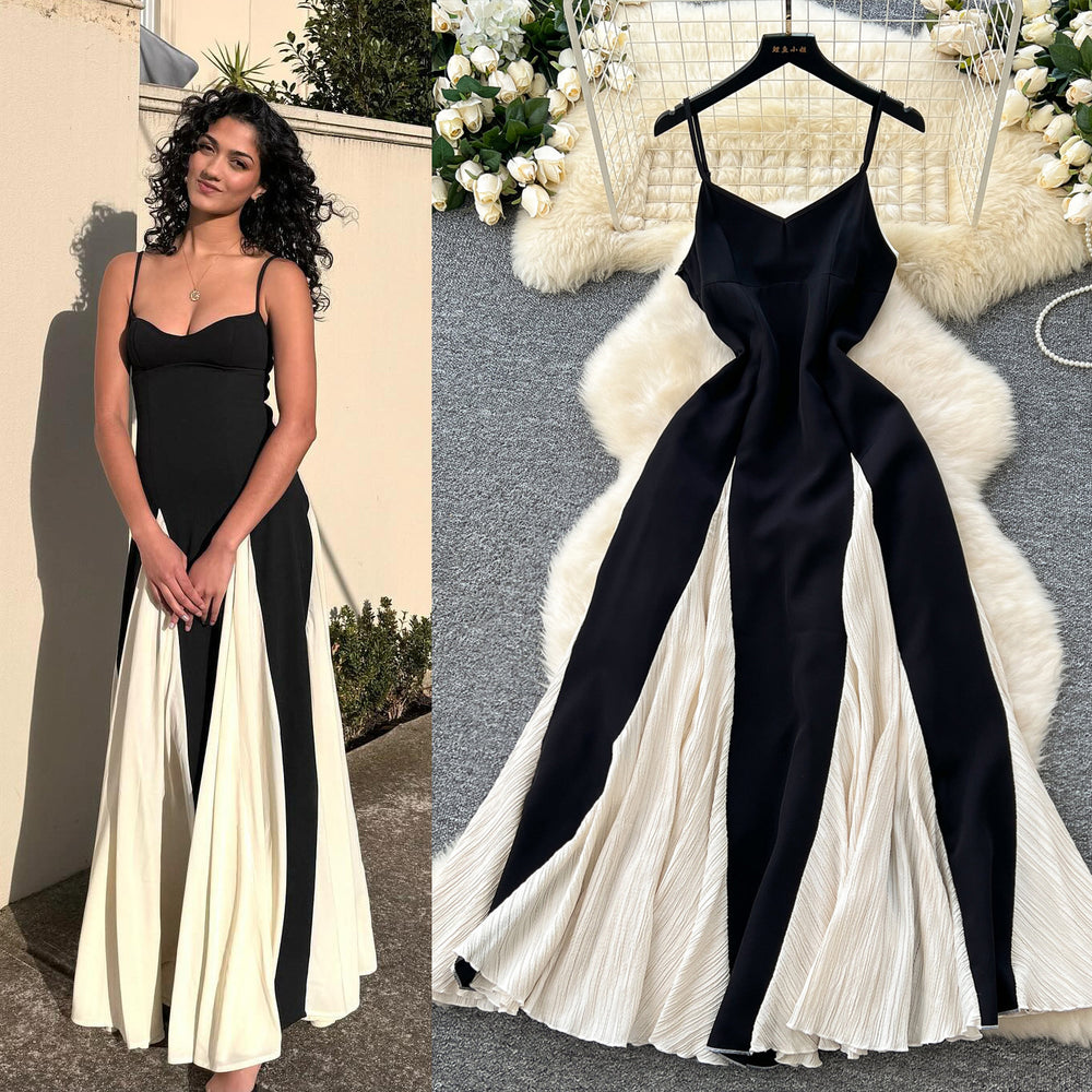 summerelegancesexy color matching suspender dress for women vacation style waist ruffles large swing dress long skirt