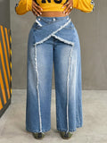 Fashionjeans women's deconstructed shredded wool patchworkhigh waistloose denim women's pants exportplus sizestylish wide-leg pants