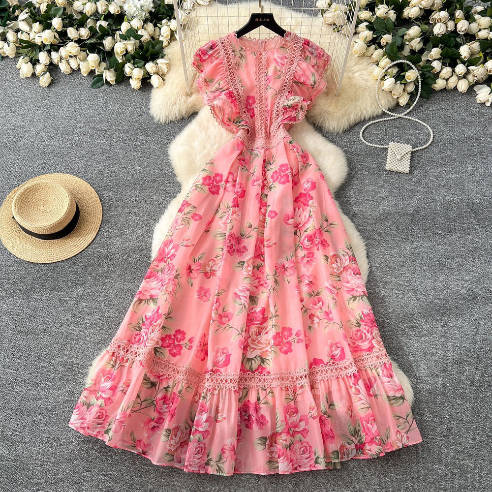 Frenchelegancedress women's new arrivalretrolacepatchwork waist elegantprintingruffleslong skirt