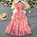 Frenchelegancedress women's new arrivalretrolacepatchwork waist elegantprintingruffleslong skirt