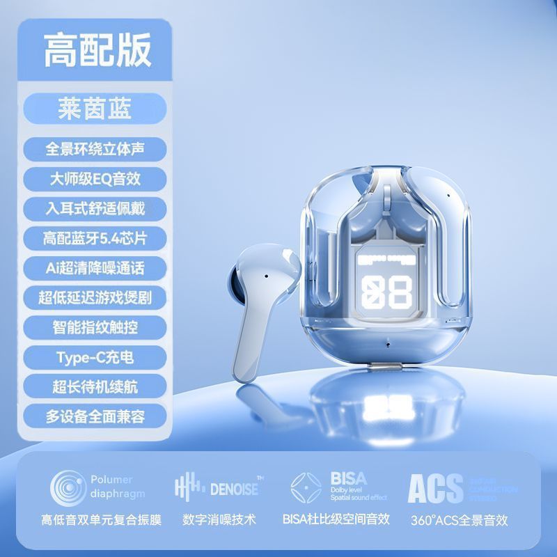 New wireless transparent bluetooth earbuds: digital display, stylish design, in-ear fit, long battery life, sports noise cancellation, vivid voice control