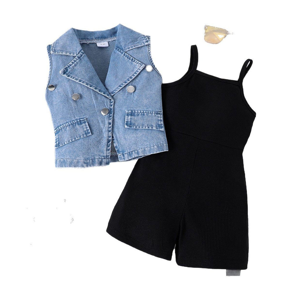 new arrivalsummergirl lapel denim vest matchingpure color suspender one-piece shortstwo-piece setsuit