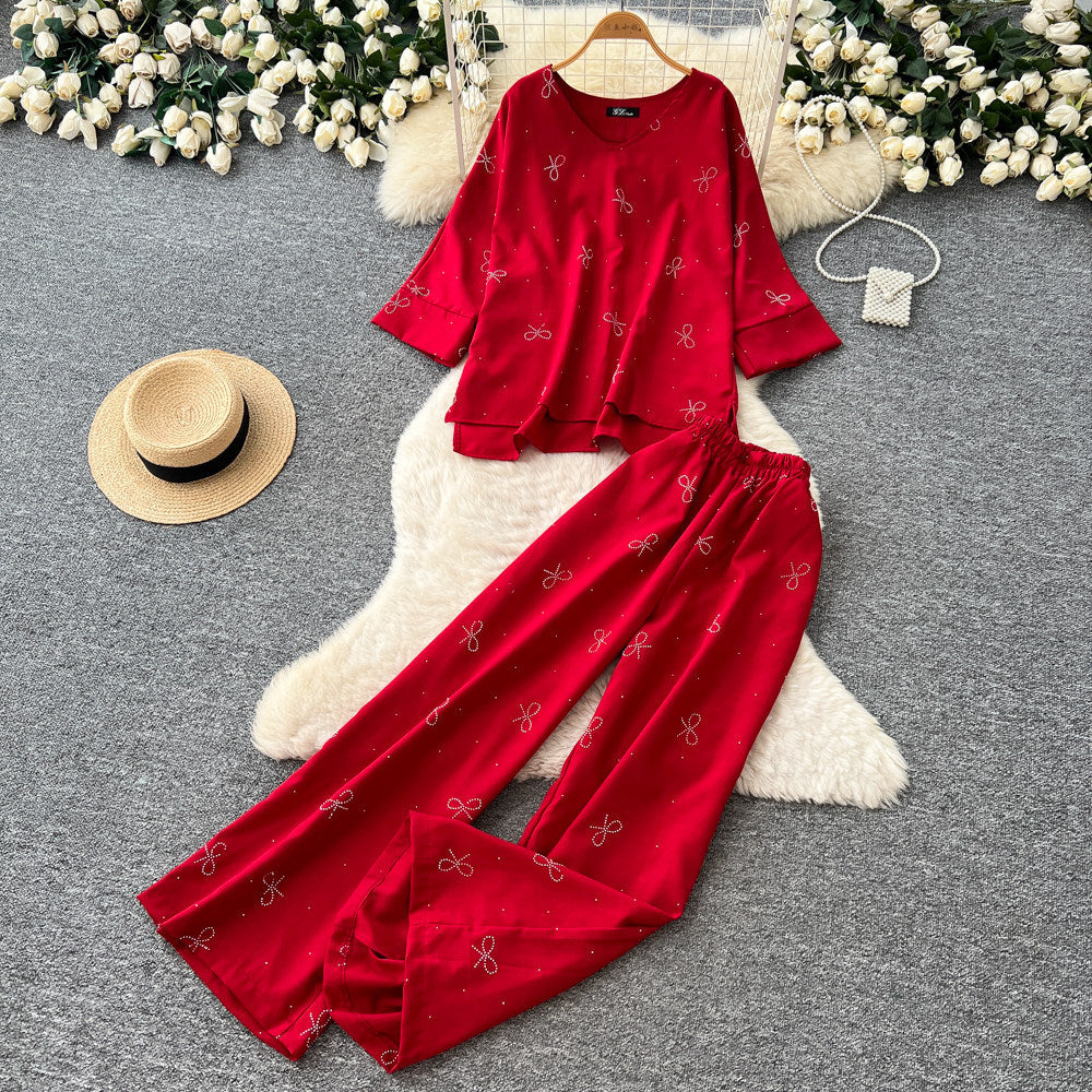 Light mature style round neck sweetbowsprintingtwo-piece set women's spring autumwork clothing style three-quarter sleeve fashionablesuit